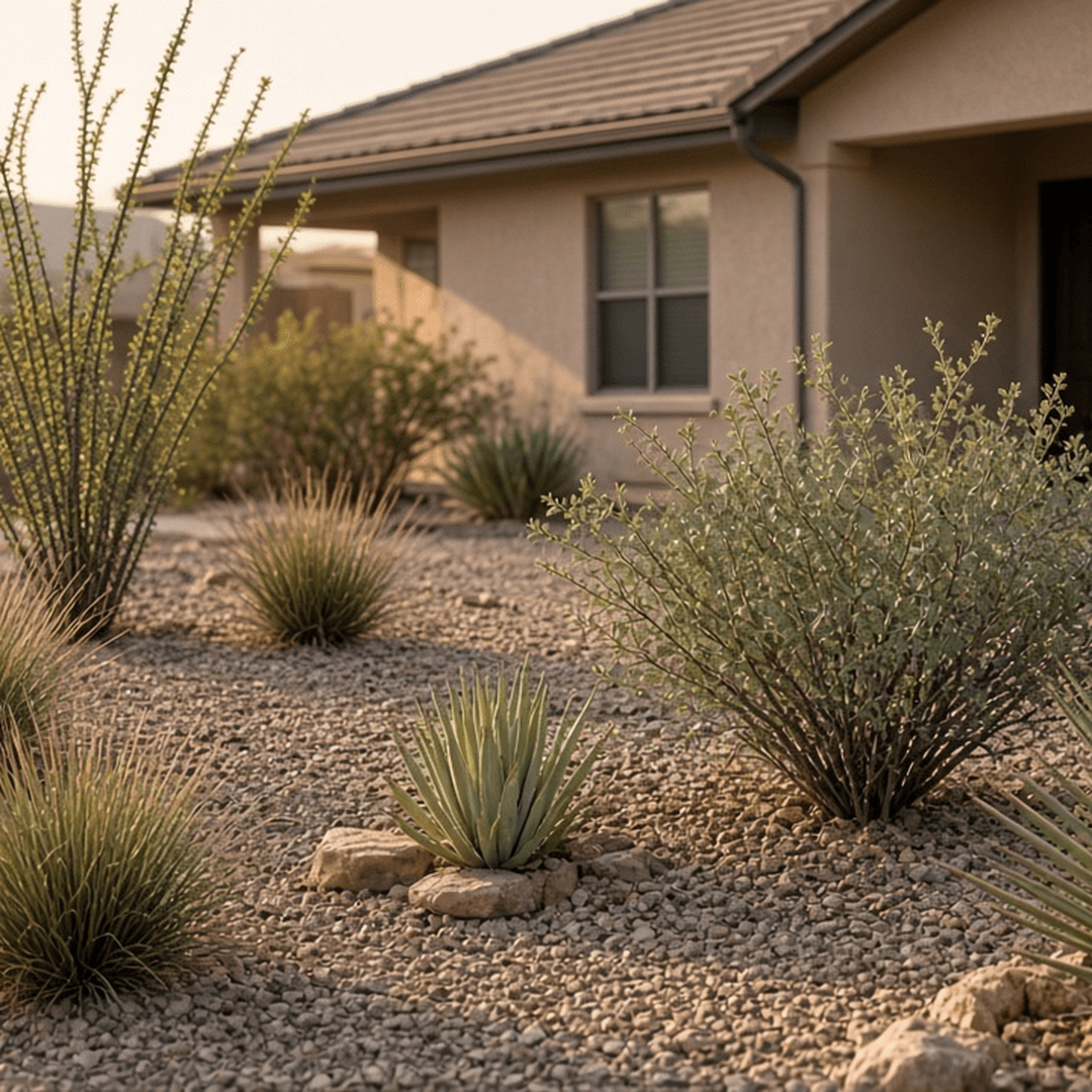Desert xeriscape front yard with agave and gravel beside a southwestern home
