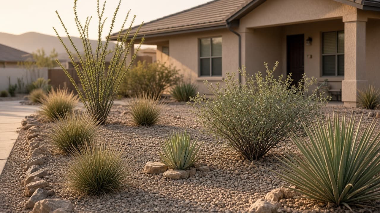 Desert xeriscape front yard with agave and gravel beside a southwestern home