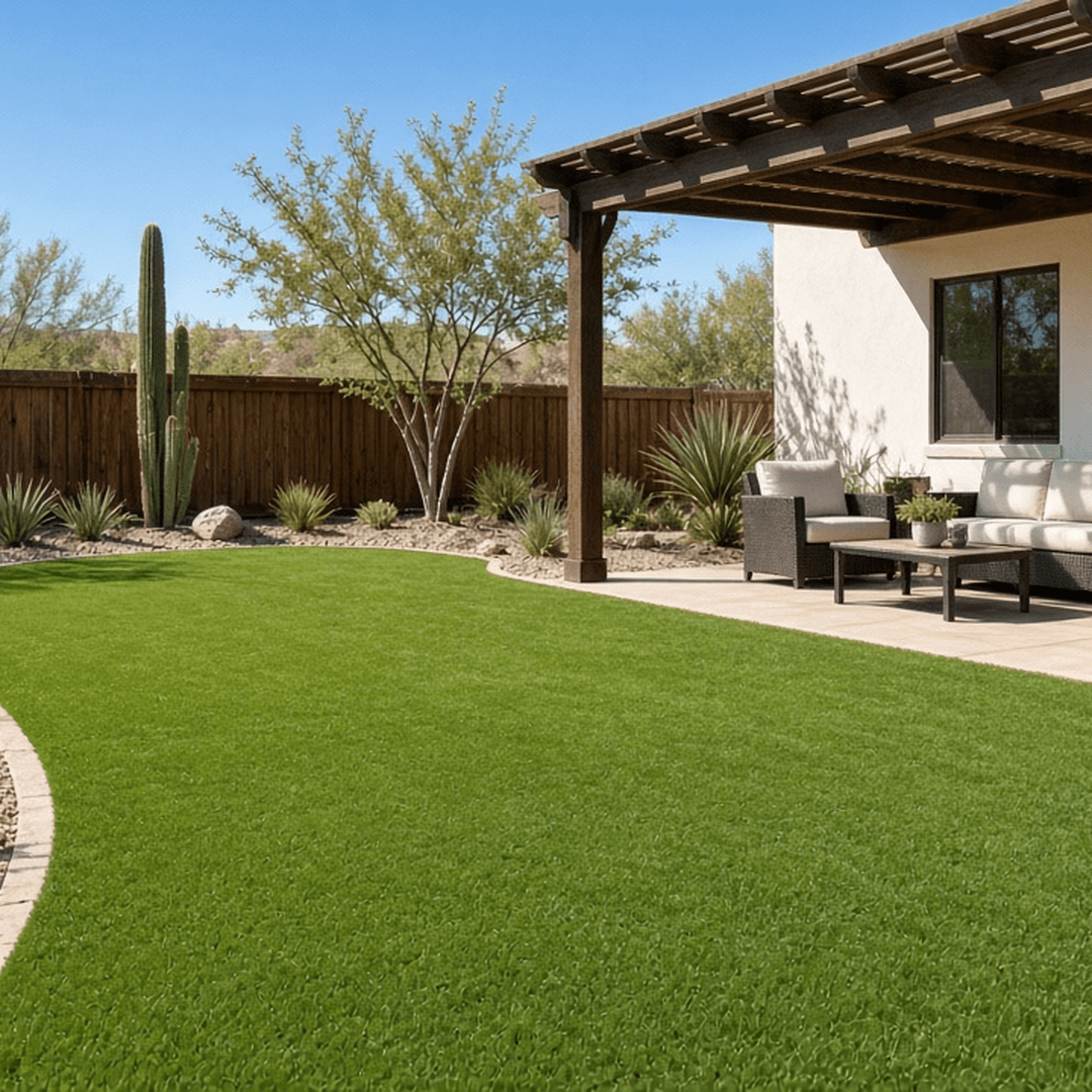 Artificial turf lawn with pergola shade patio