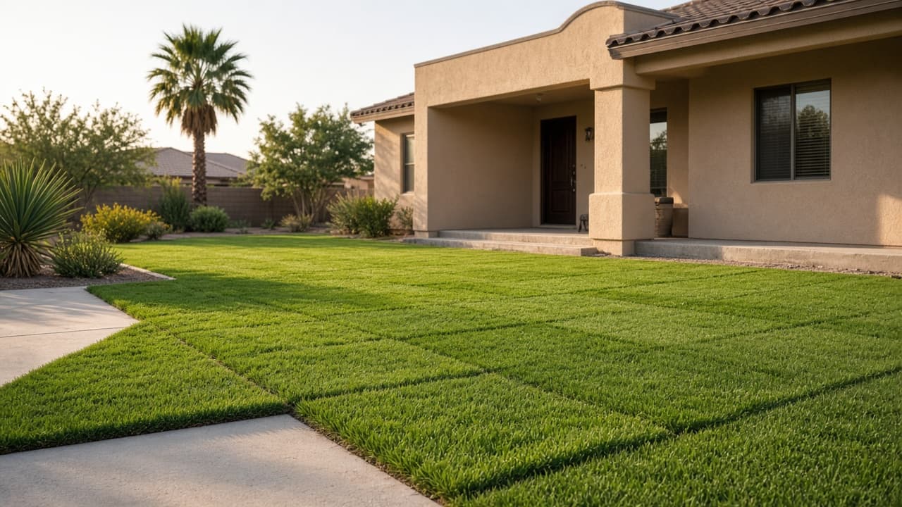 Fresh sod installation in a front yard